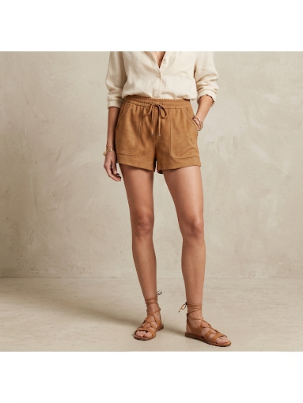 ZARA Faux Suede Shorts Camel Tan Boho High Waisted Festival Drawstring Size S